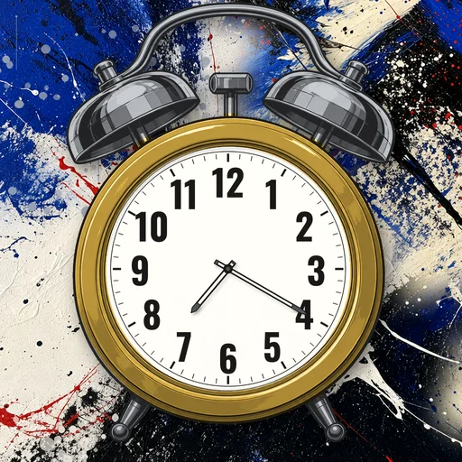 Twin-bell alarm clock in gold gold, white dial, on an abstract ink background