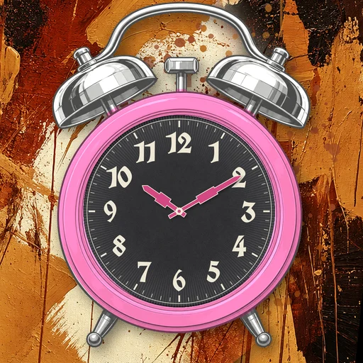 Twin-bell alarm clock in translucent jelly pink, black dial, on an abstract ink background