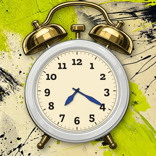 Twin-bell alarm clock in ceramic white, cream dial, on an abstract ink background