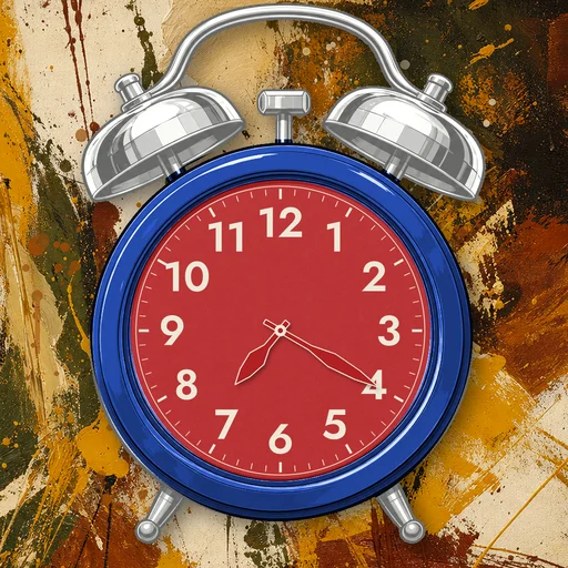 Twin-bell alarm clock in chrome cobalt blue, red dial, on an abstract ink background