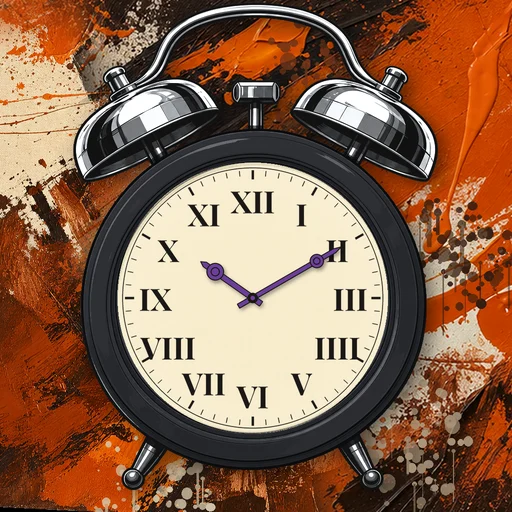 Twin-bell alarm clock in brushed metal charcoal, cream dial, on an abstract ink background