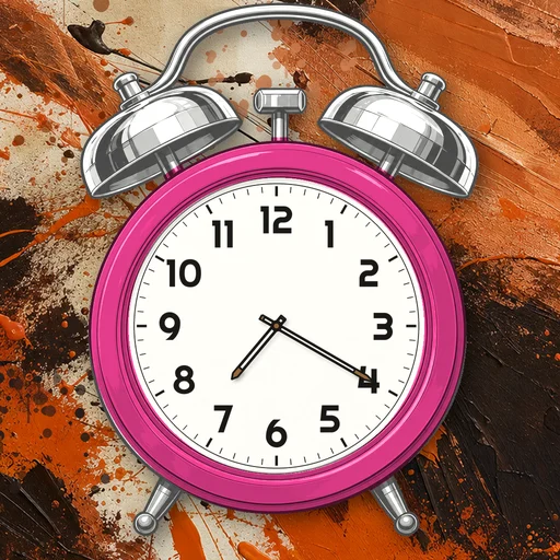 Twin-bell alarm clock in enamel hot pink, white dial, on an abstract ink background