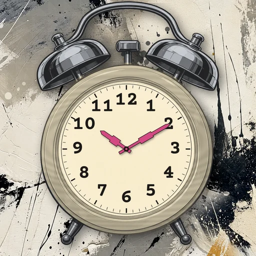 Twin-bell alarm clock in wood cream, cream dial, on an abstract ink background