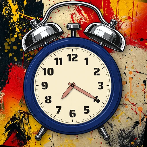 Twin-bell alarm clock in carbon fiber cobalt blue, cream dial, on an abstract ink background