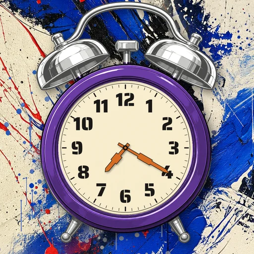 Twin-bell alarm clock in chrome purple, cream dial, on an abstract ink background