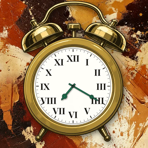 Twin-bell alarm clock in gold gold, white dial, on an abstract ink background