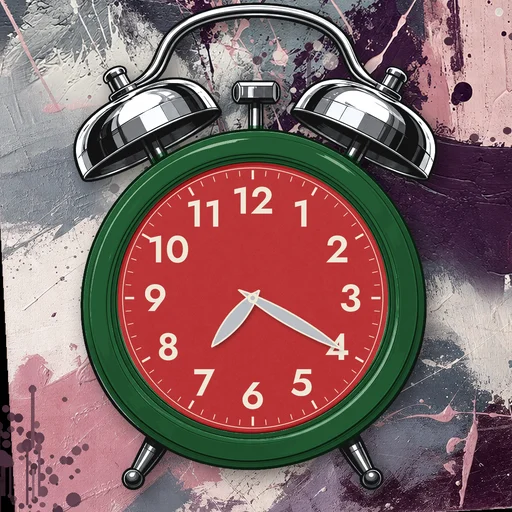 Twin-bell alarm clock in enamel forest green, red dial, on an abstract ink background