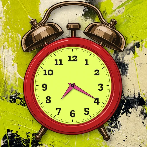 Twin-bell alarm clock in enamel red, lime dial, on an abstract ink background