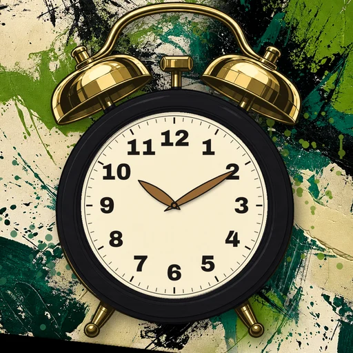 Twin-bell alarm clock in wood black, cream dial, on an abstract ink background