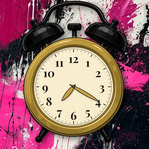Twin-bell alarm clock in gold gold, cream dial, on an abstract ink background