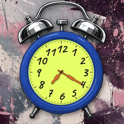Twin-bell alarm clock in enamel cobalt blue, lime dial, on an abstract ink background