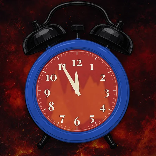 Twin-bell alarm clock in ceramic cobalt blue, fire dial, on a matching fire scene