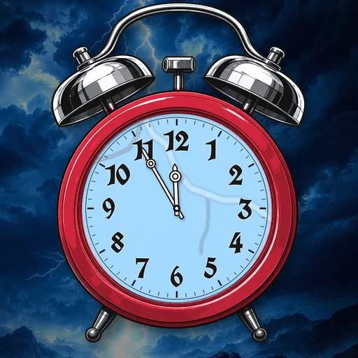 Twin-bell alarm clock in chrome cherry red, lightning dial, on a matching lightning scene