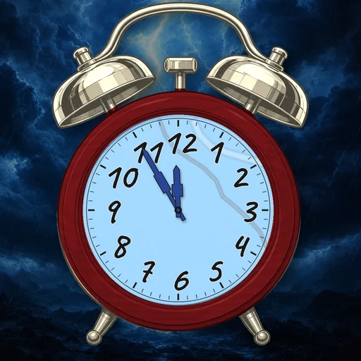 Twin-bell alarm clock in wood deep red, lightning dial, on a matching lightning scene