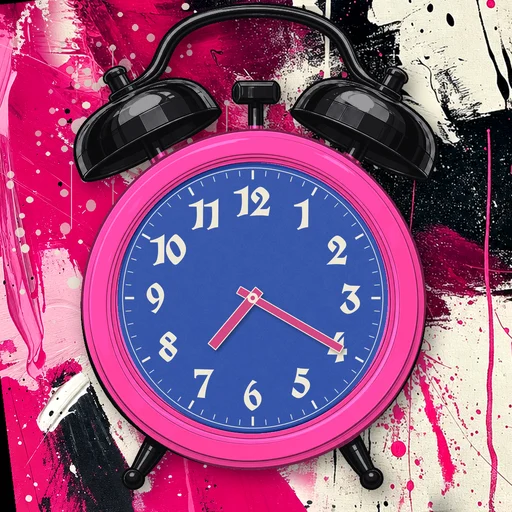 Twin-bell alarm clock in translucent jelly hot pink, blue dial, on an abstract ink background