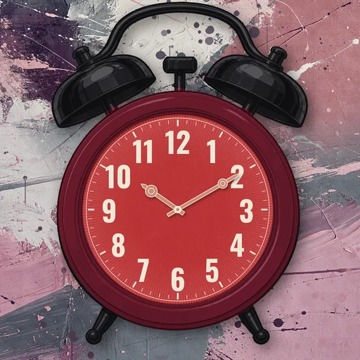 Twin-bell alarm clock in ceramic burgundy, red dial, on an abstract ink background