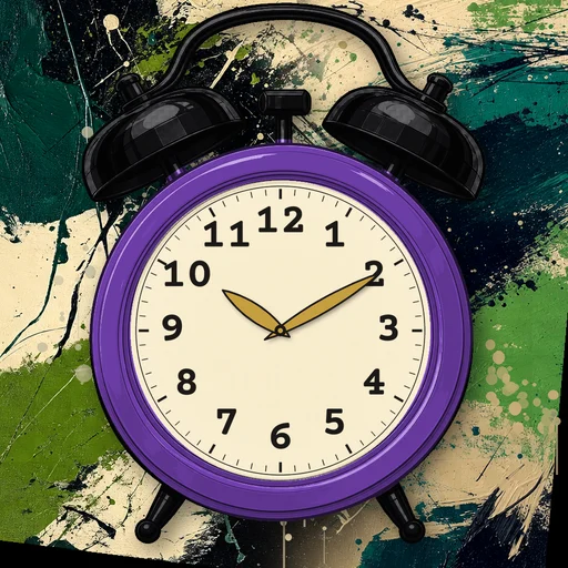 Twin-bell alarm clock in enamel purple, cream dial, on an abstract ink background