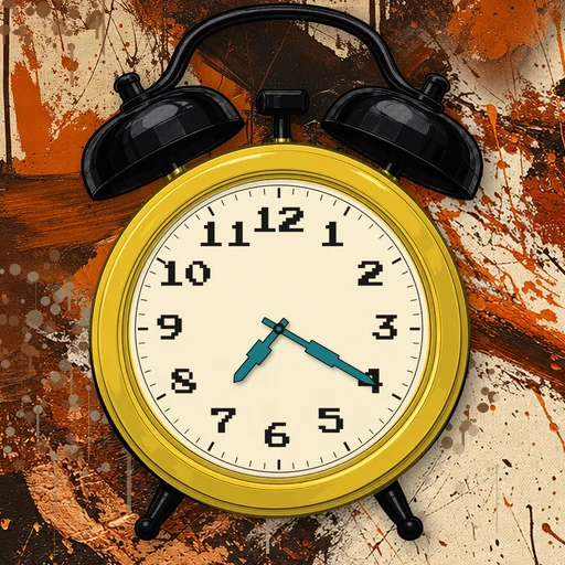 Twin-bell alarm clock in enamel yellow, cream dial, on an abstract ink background