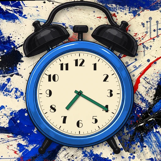 Twin-bell alarm clock in chrome electric blue, cream dial, on an abstract ink background