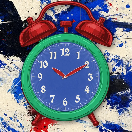 Twin-bell alarm clock in translucent jelly emerald, blue dial, on an abstract ink background