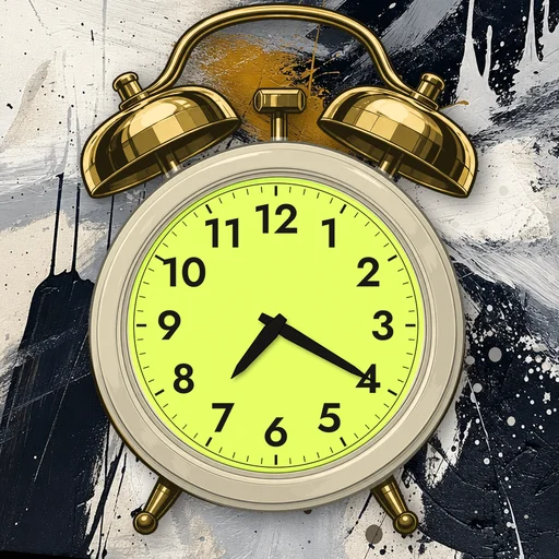 Twin-bell alarm clock in ceramic cream, lime dial, on an abstract ink background