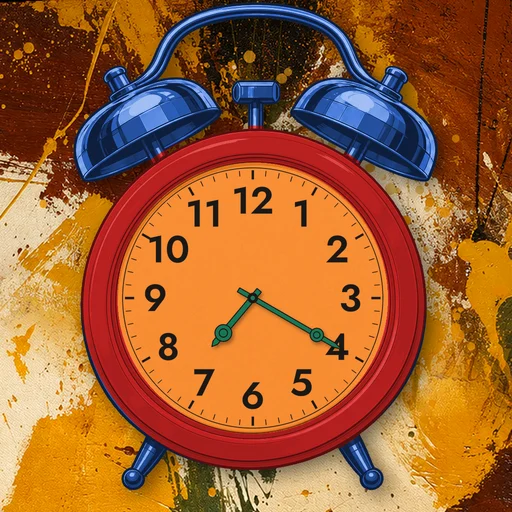Twin-bell alarm clock in ceramic red, orange dial, on an abstract ink background
