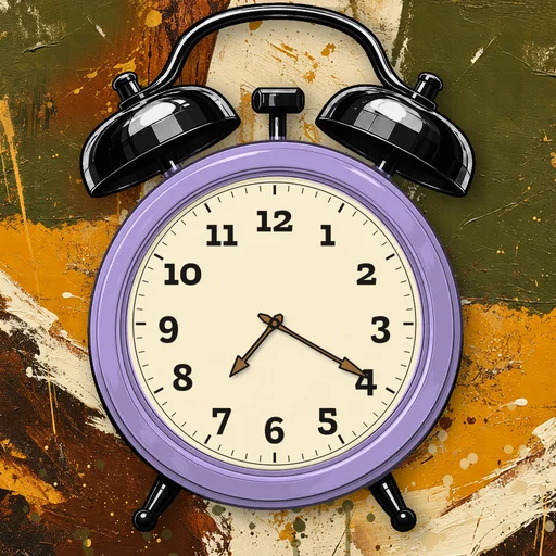 Twin-bell alarm clock in enamel lavender, cream dial, on an abstract ink background