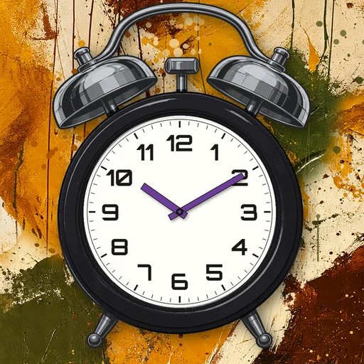 Twin-bell alarm clock in enamel black, white dial, on an abstract ink background