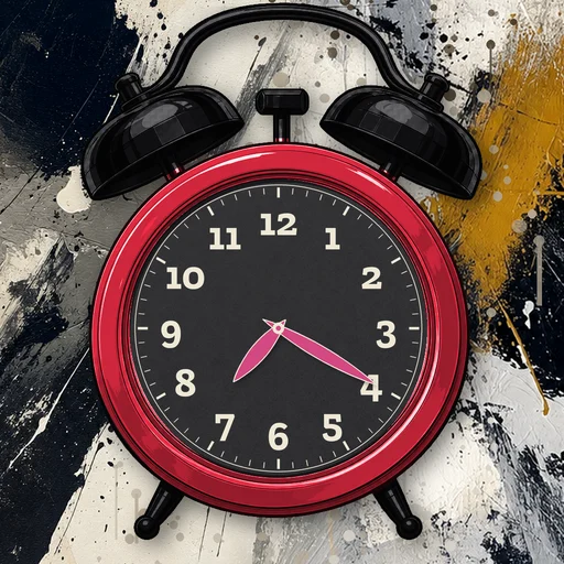 Twin-bell alarm clock in chrome cherry red, black dial, on an abstract ink background
