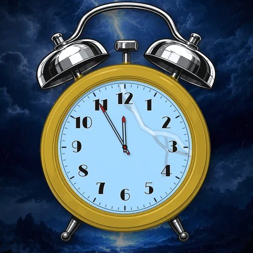 Twin-bell alarm clock in ceramic mustard yellow, lightning dial, on a matching lightning scene