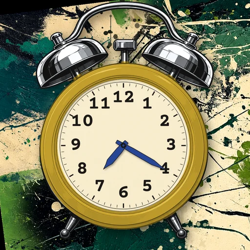 Twin-bell alarm clock in ceramic mustard yellow, cream dial, on an abstract ink background