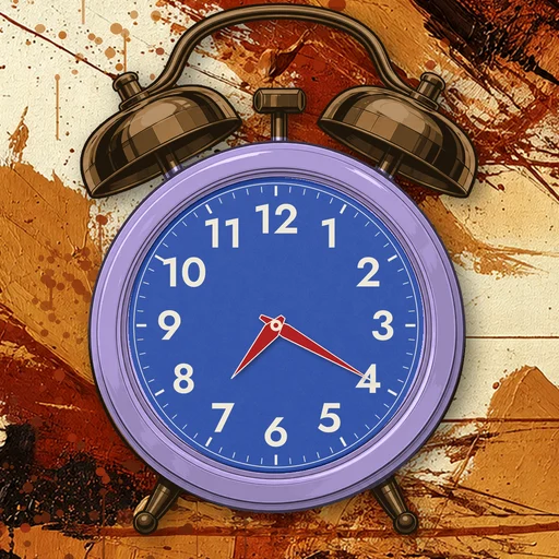 Twin-bell alarm clock in enamel lavender, blue dial, on an abstract ink background