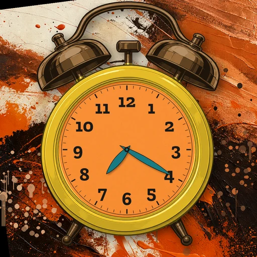 Twin-bell alarm clock in enamel yellow, orange dial, on an abstract ink background