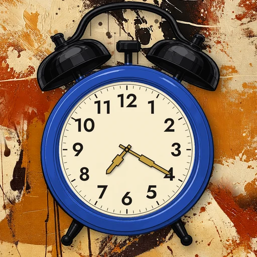 Twin-bell alarm clock in enamel cobalt blue, cream dial, on an abstract ink background