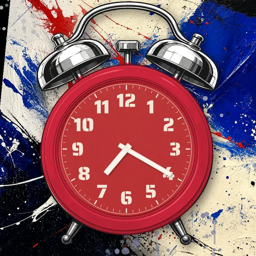 Twin-bell alarm clock in ceramic cherry red, red dial, on an abstract ink background