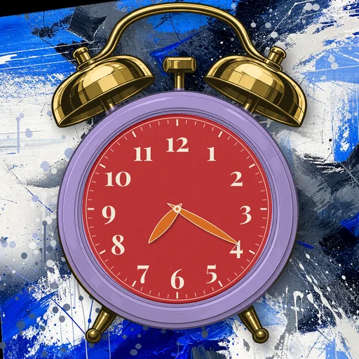 Twin-bell alarm clock in ceramic lavender, red dial, on an abstract ink background