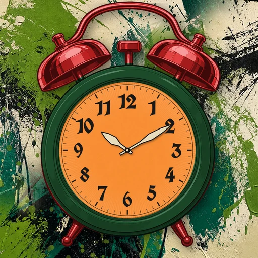 Twin-bell alarm clock in brushed metal forest green, orange dial, on an abstract ink background