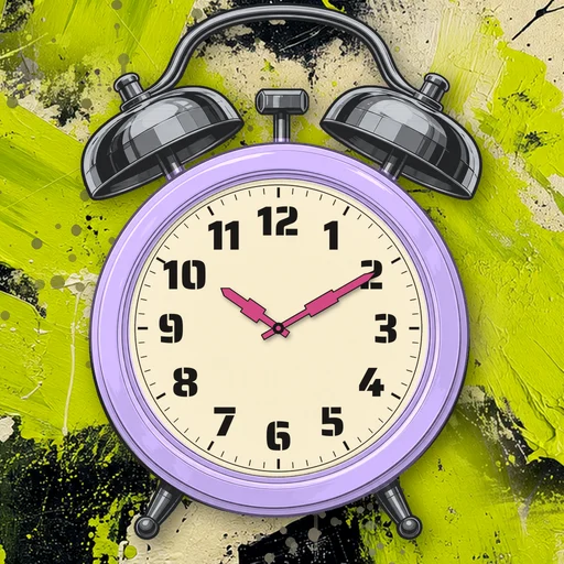 Twin-bell alarm clock in translucent jelly lavender, cream dial, on an abstract ink background