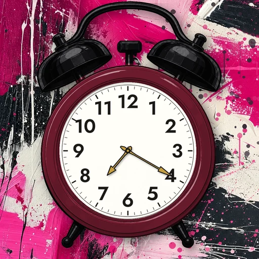 Twin-bell alarm clock in enamel burgundy, white dial, on an abstract ink background