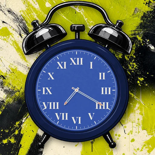 Twin-bell alarm clock in brushed metal navy, blue dial, on an abstract ink background