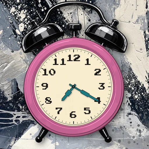 Twin-bell alarm clock in ceramic pink, cream dial, on an abstract ink background