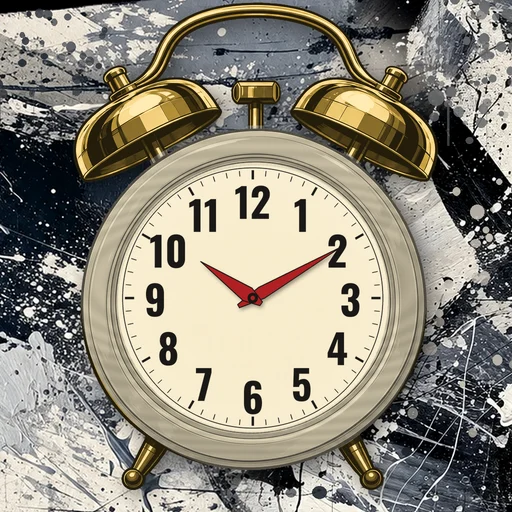 Twin-bell alarm clock in wood cream, cream dial, on an abstract ink background