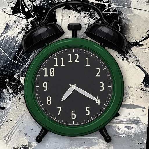 Twin-bell alarm clock in brushed metal forest green, black dial, on an abstract ink background