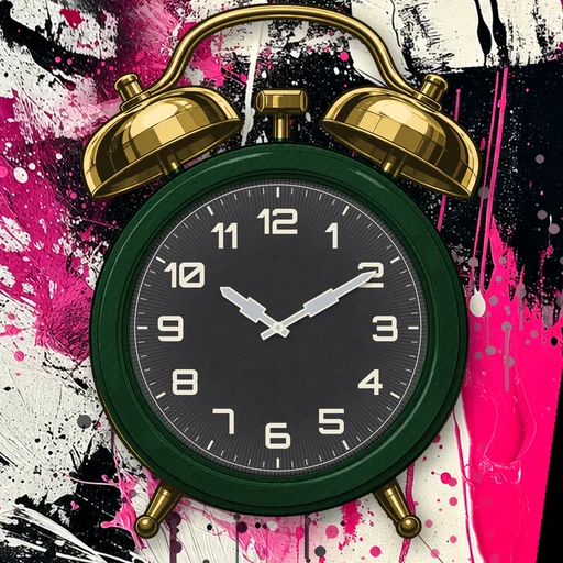 Twin-bell alarm clock in carbon fiber forest green, black dial, on an abstract ink background