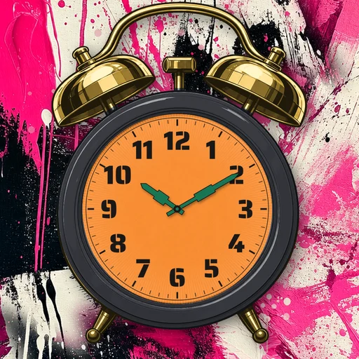 Twin-bell alarm clock in enamel charcoal, orange dial, on an abstract ink background