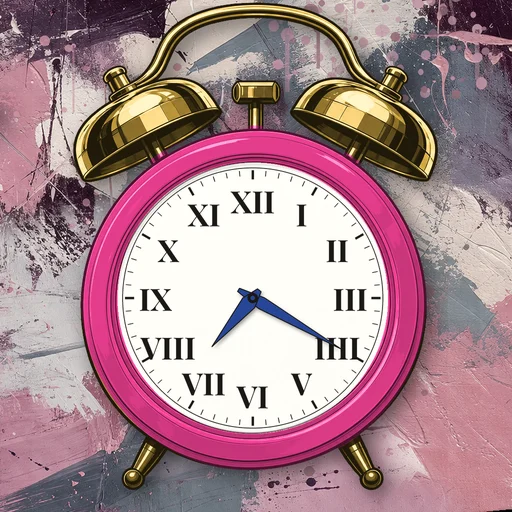 Twin-bell alarm clock in enamel hot pink, white dial, on an abstract ink background