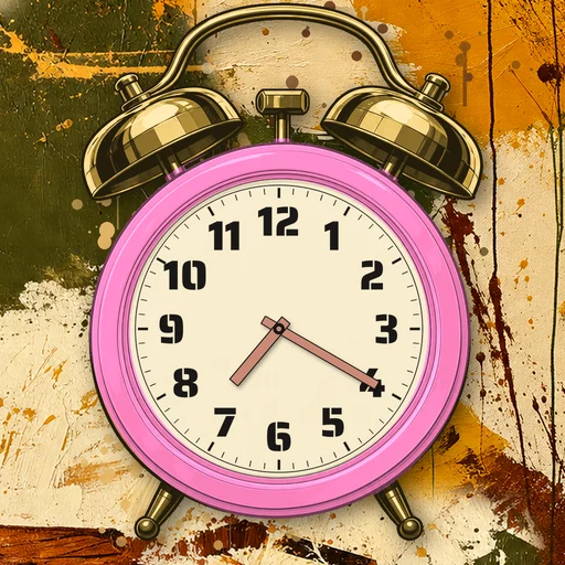Twin-bell alarm clock in translucent jelly pink, cream dial, on an abstract ink background