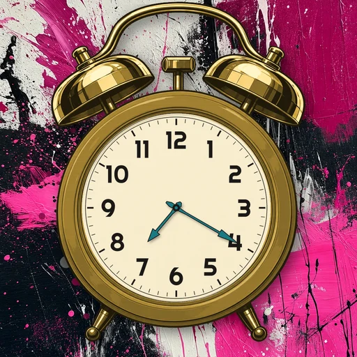 Twin-bell alarm clock in brushed metal gold, cream dial, on an abstract ink background