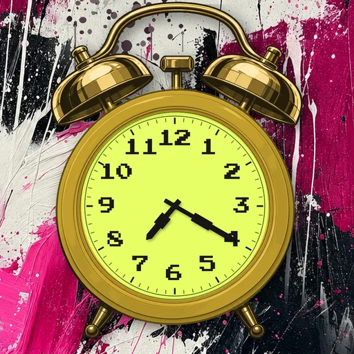Twin-bell alarm clock in ceramic mustard yellow, lime dial, on an abstract ink background