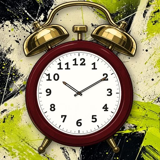 Twin-bell alarm clock in carbon fiber deep red, white dial, on an abstract ink background